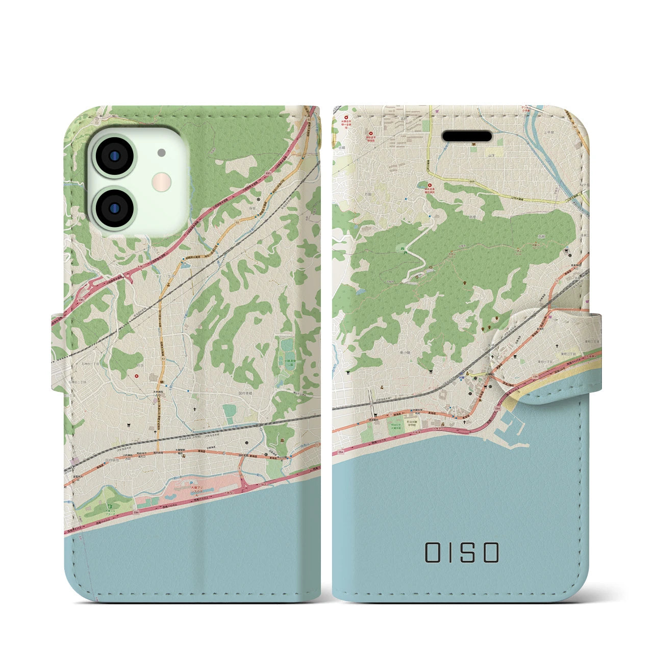 【大磯】地図柄iPhoneケース（手帳両面タイプ・ナチュラル）iPhone 12 mini 用