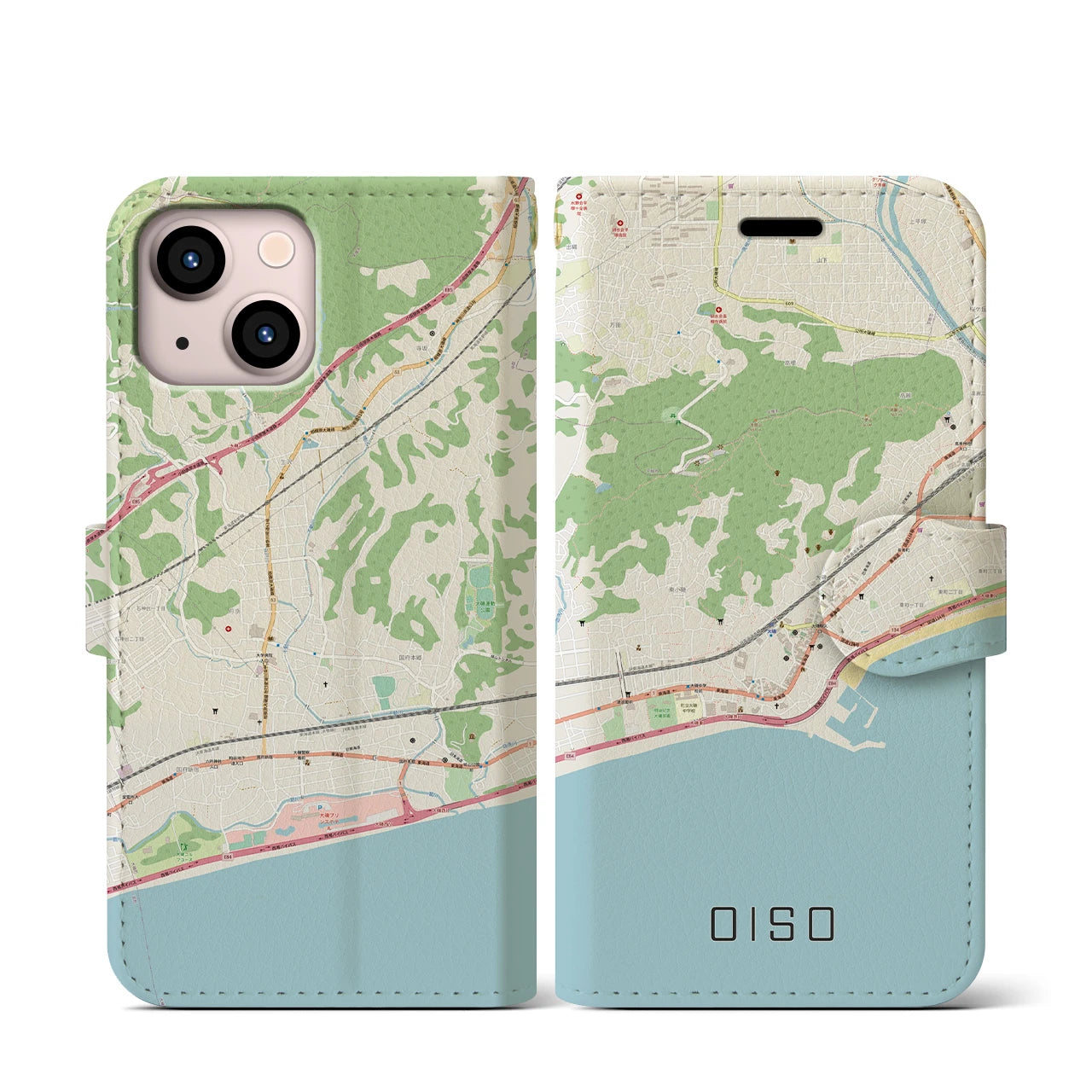 【大磯】地図柄iPhoneケース（手帳両面タイプ・ナチュラル）iPhone 13 mini 用