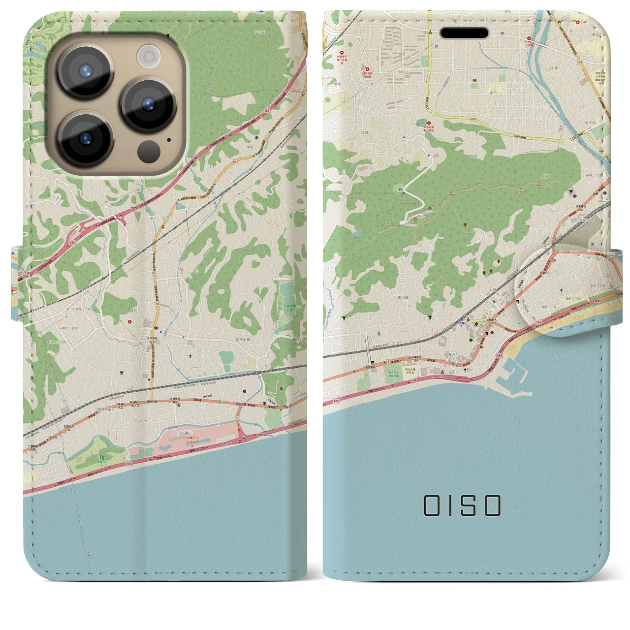 【大磯】地図柄iPhoneケース（手帳両面タイプ・ナチュラル）iPhone 14 Pro Max 用