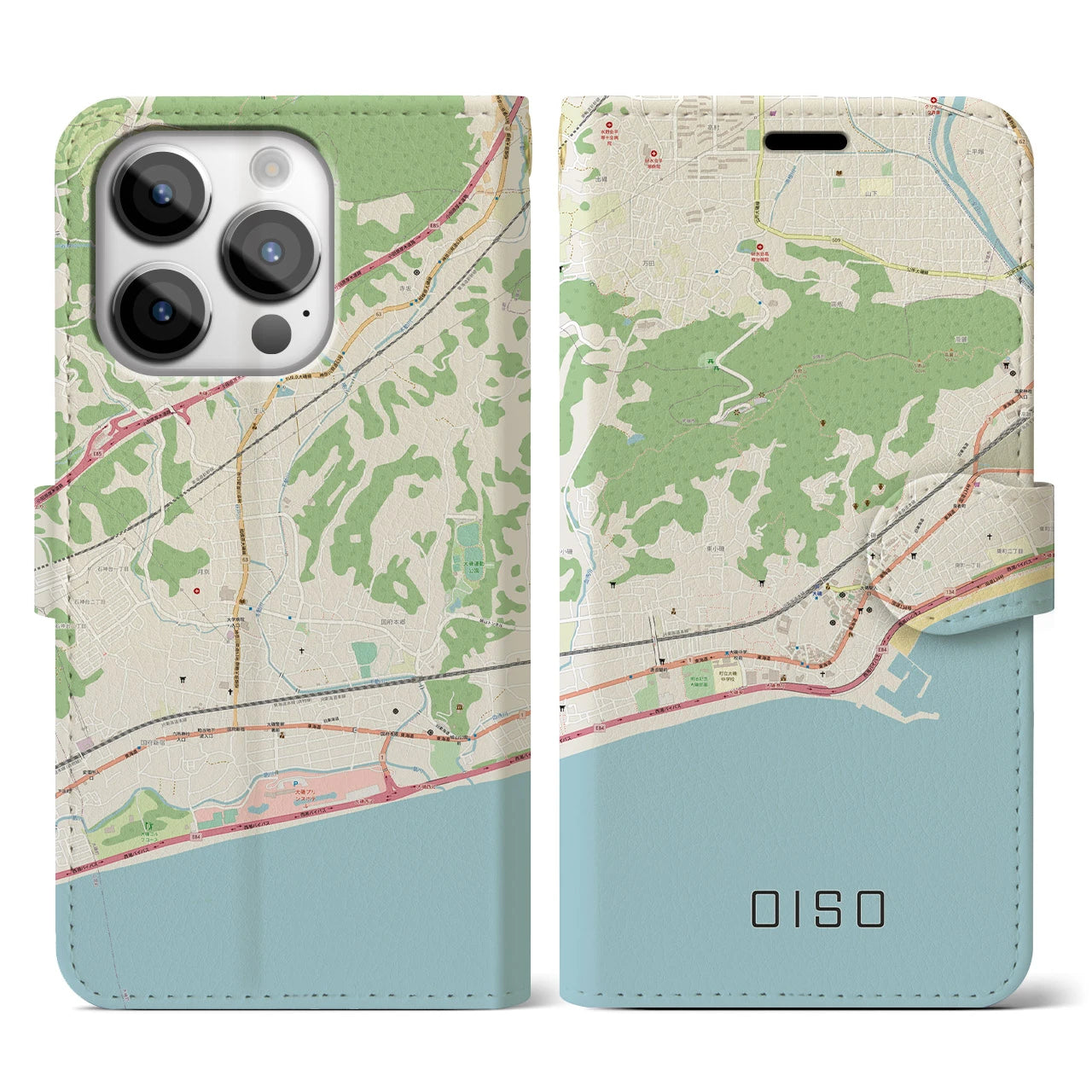 【大磯】地図柄iPhoneケース（手帳両面タイプ・ナチュラル）iPhone 14 Pro 用