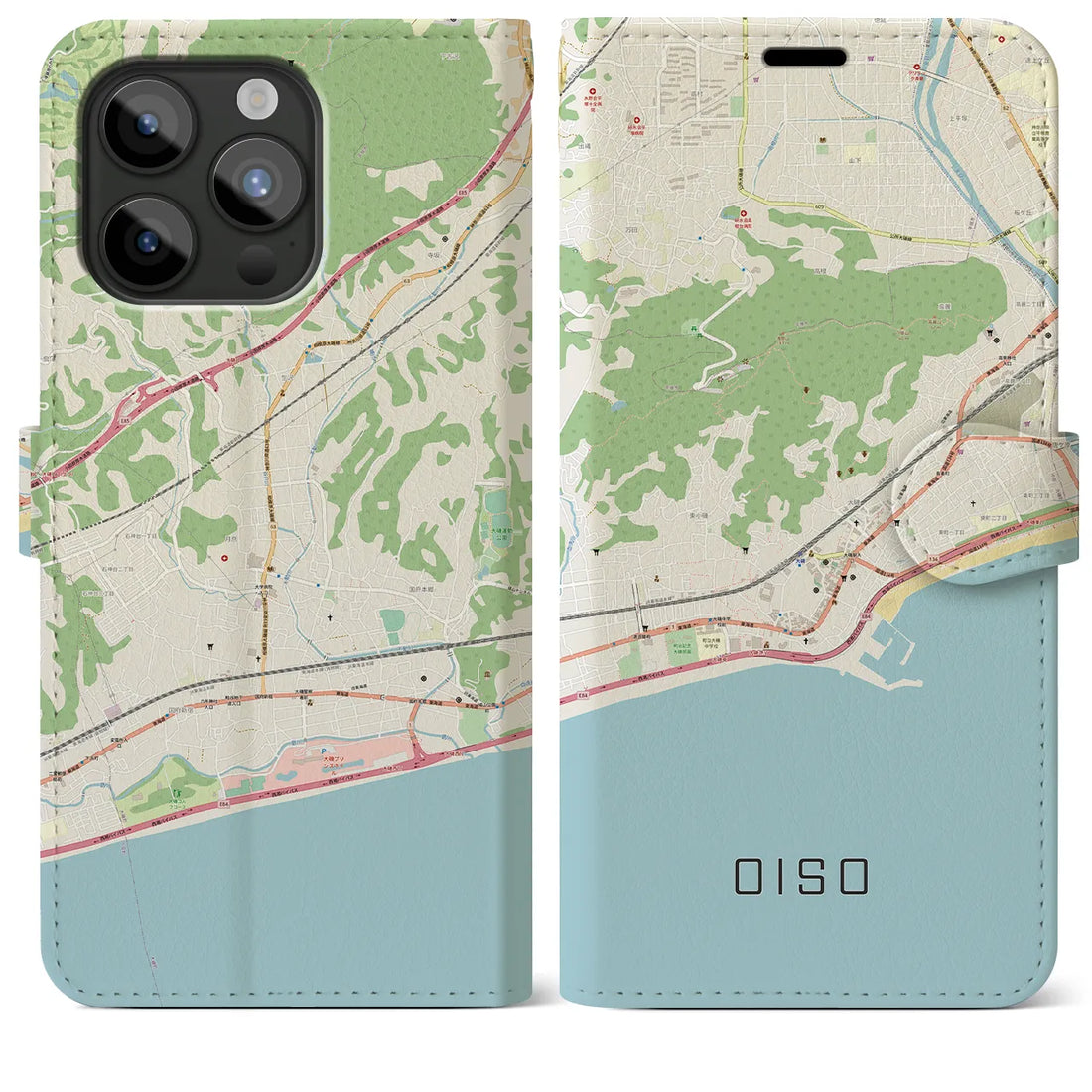【大磯】地図柄iPhoneケース（手帳両面タイプ・ナチュラル）iPhone 15 Pro Max 用