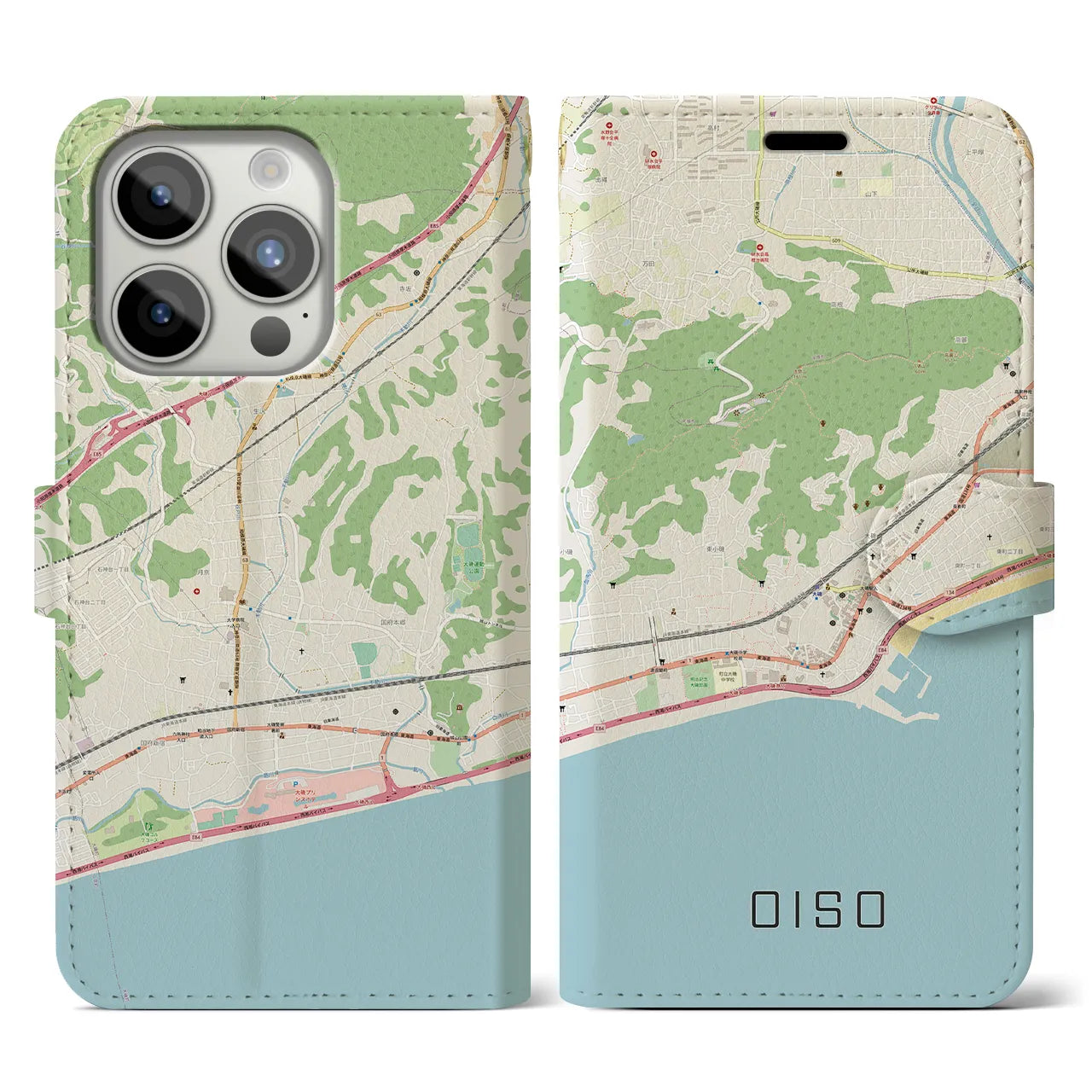 【大磯】地図柄iPhoneケース（手帳両面タイプ・ナチュラル）iPhone 15 Pro 用
