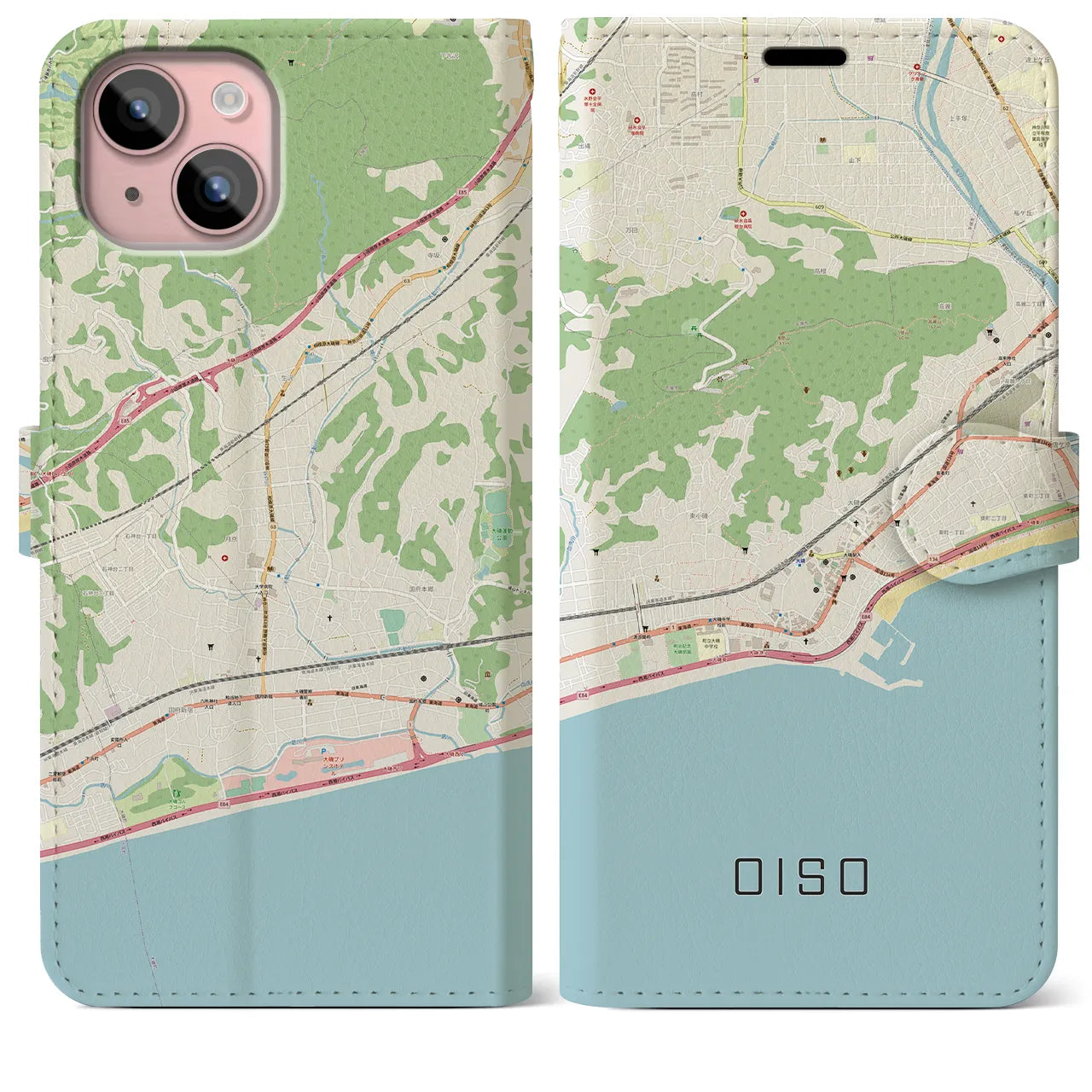 【大磯】地図柄iPhoneケース（手帳両面タイプ・ナチュラル）iPhone 15 Plus 用