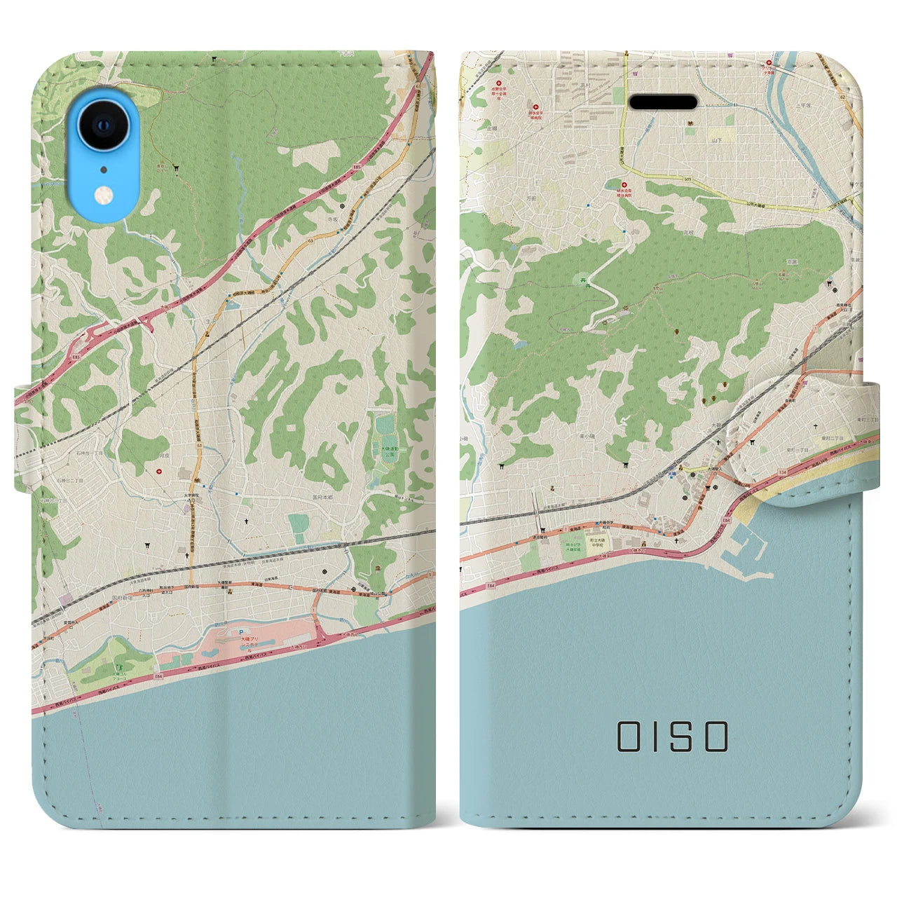 【大磯】地図柄iPhoneケース（手帳両面タイプ・ナチュラル）iPhone XR 用