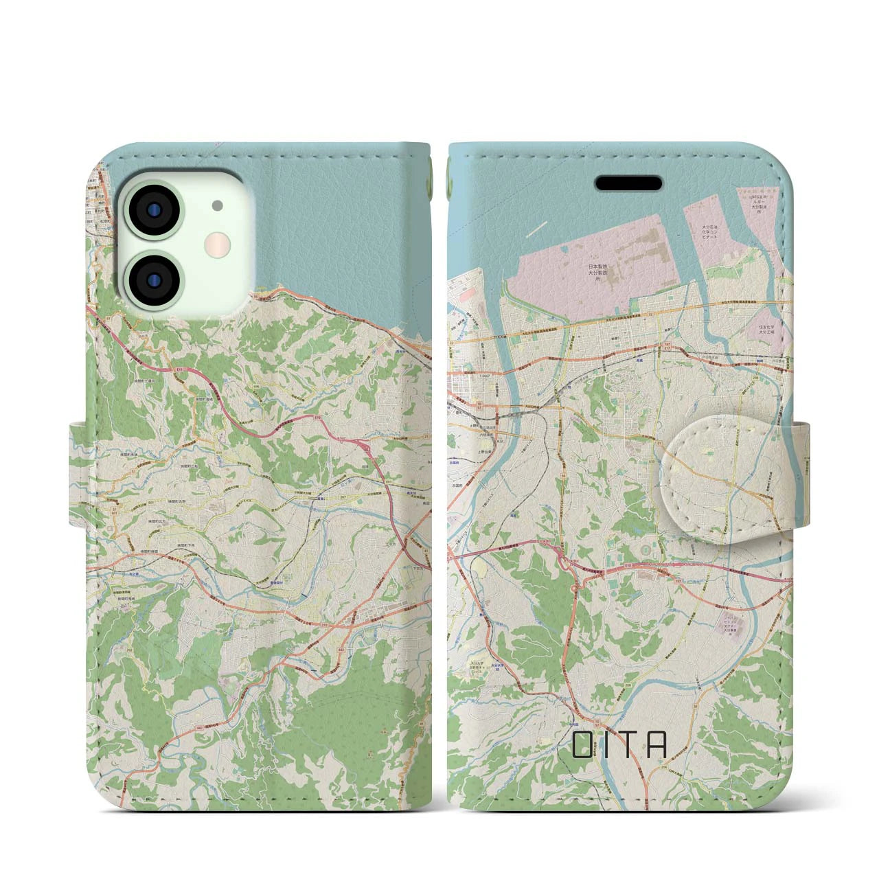 【大分】地図柄iPhoneケース（手帳両面タイプ・ナチュラル）iPhone 12 mini 用