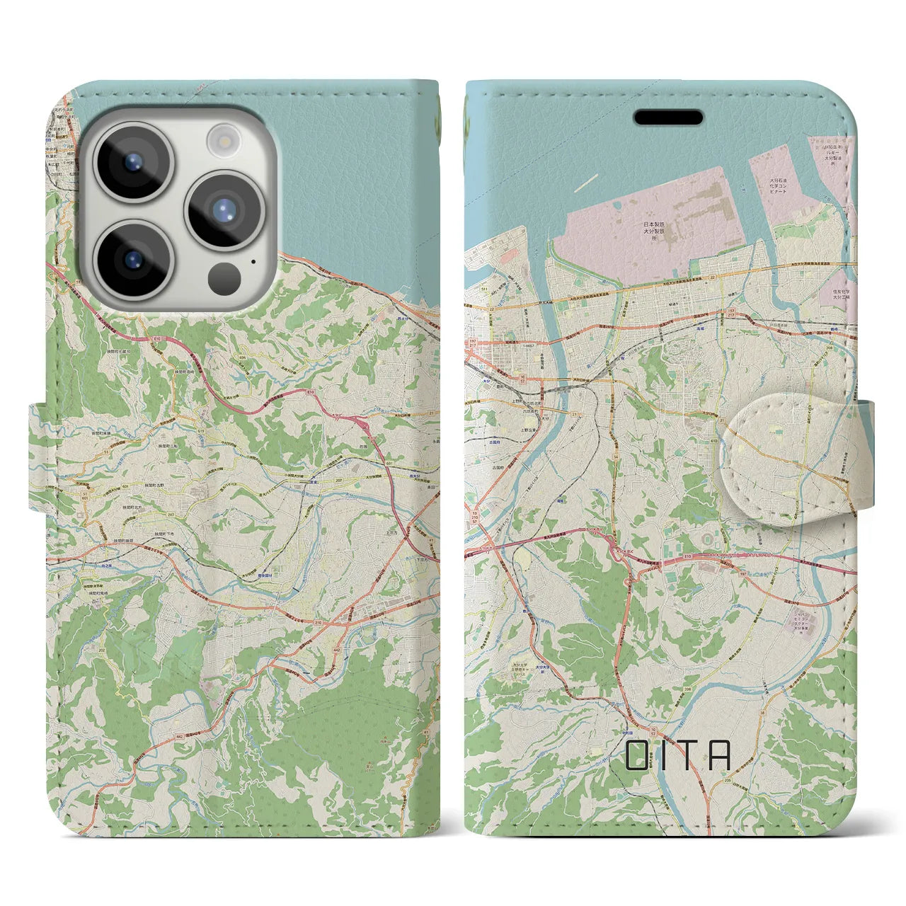 【大分】地図柄iPhoneケース（手帳両面タイプ・ナチュラル）iPhone 15 Pro 用