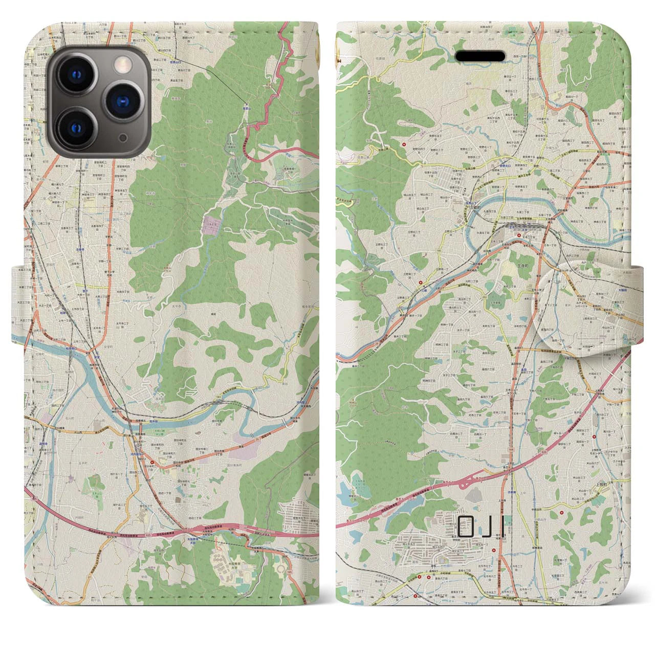 【王寺】地図柄iPhoneケース（手帳両面タイプ・ナチュラル）iPhone 11 Pro Max 用