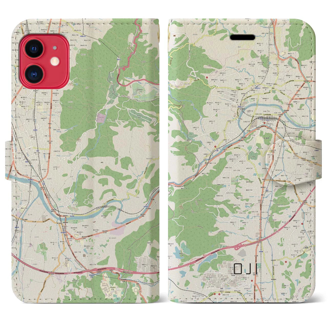【王寺】地図柄iPhoneケース（手帳両面タイプ・ナチュラル）iPhone 11 用