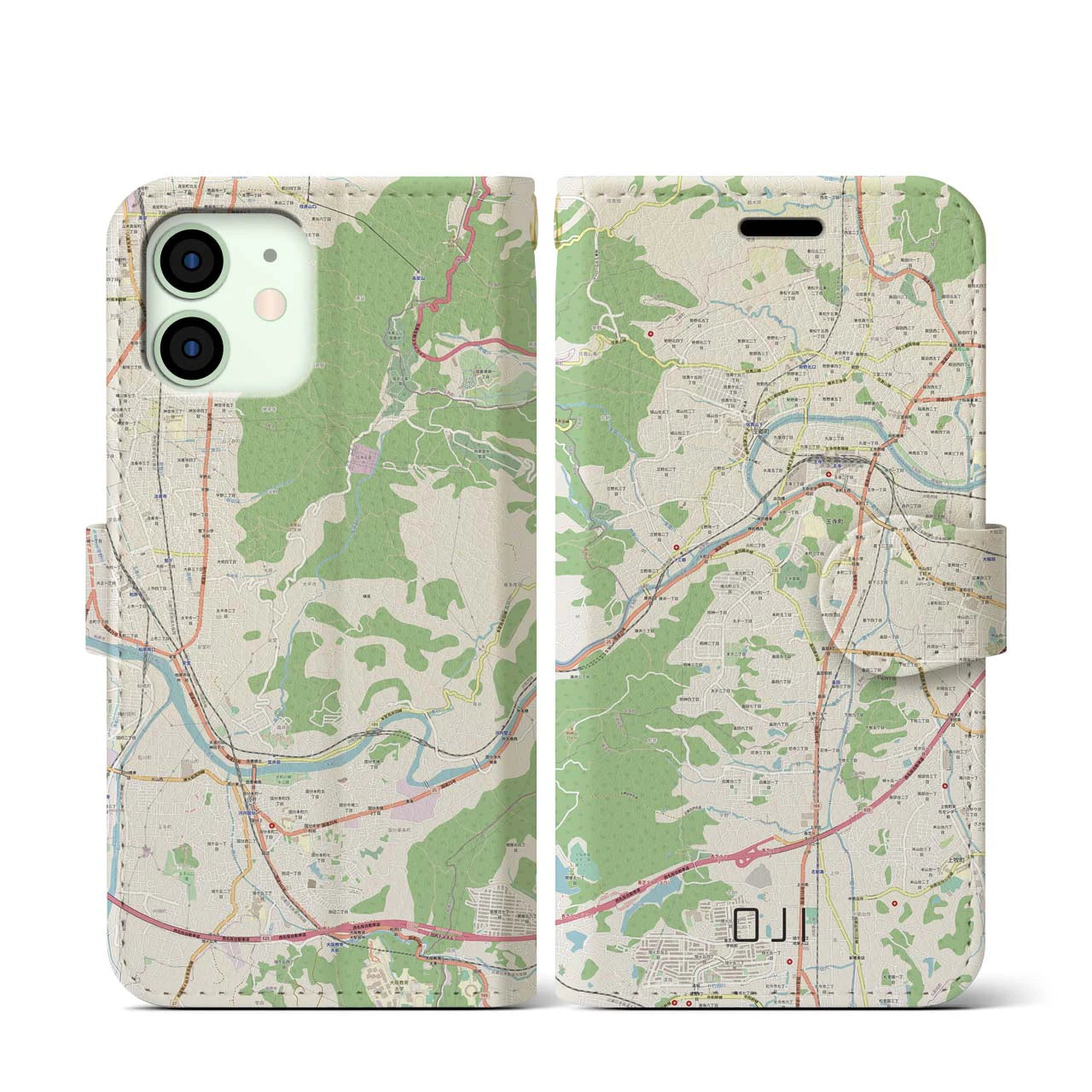 【王寺】地図柄iPhoneケース（手帳両面タイプ・ナチュラル）iPhone 12 mini 用
