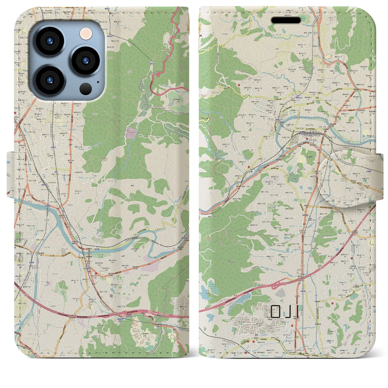 【王寺】地図柄iPhoneケース（手帳両面タイプ・ナチュラル）iPhone 13 Pro Max 用