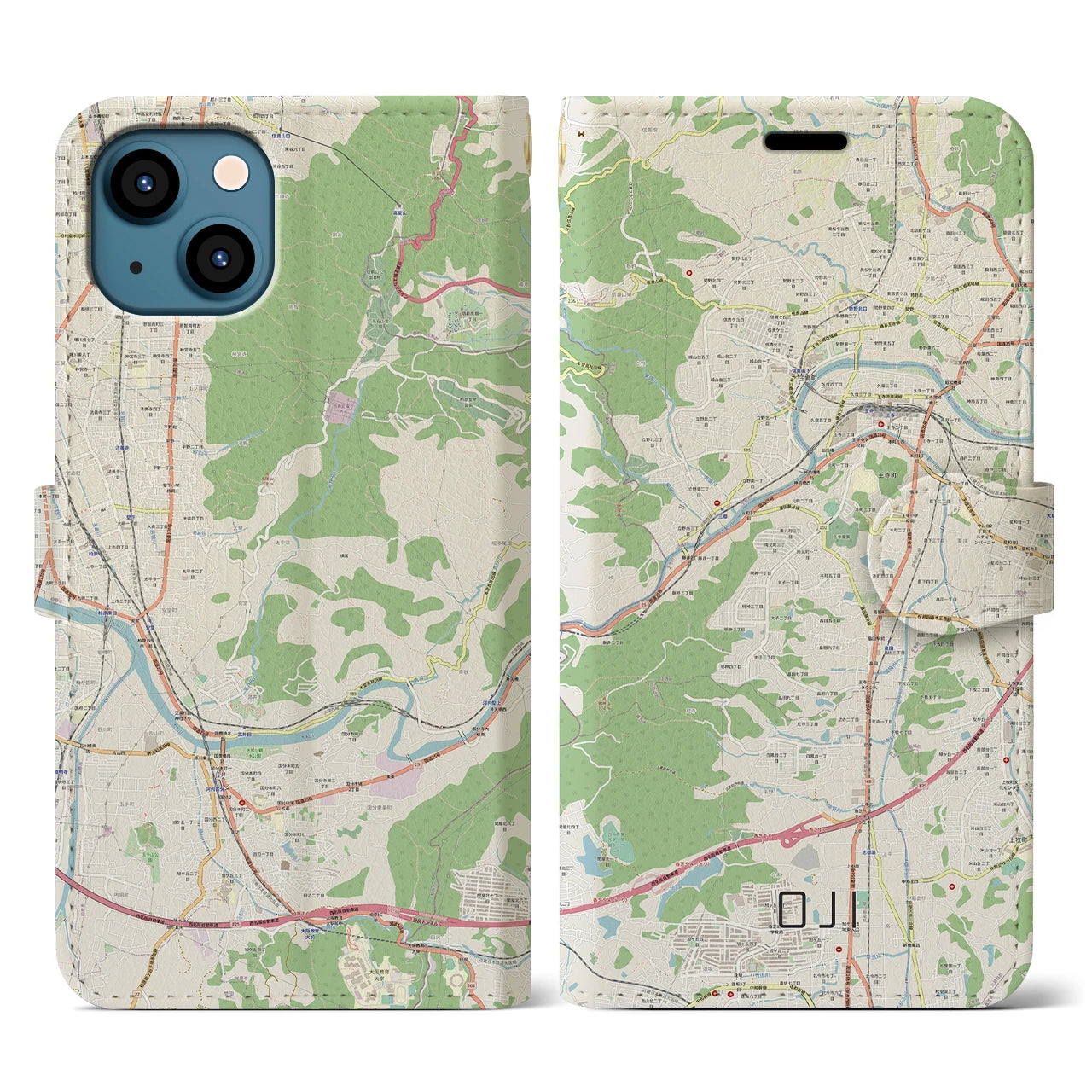 【王寺】地図柄iPhoneケース（手帳両面タイプ・ナチュラル）iPhone 13 用