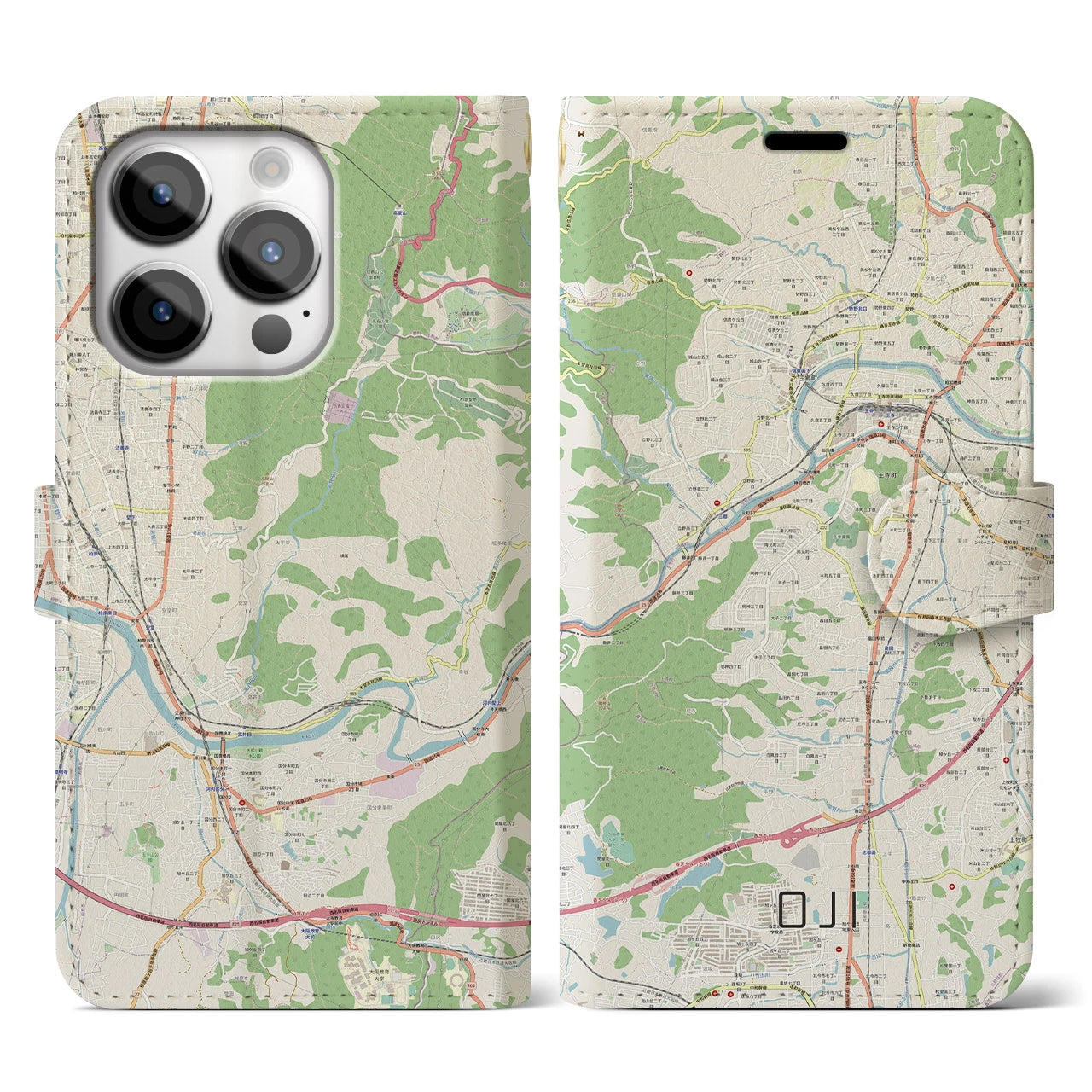 【王寺】地図柄iPhoneケース（手帳両面タイプ・ナチュラル）iPhone 14 Pro 用
