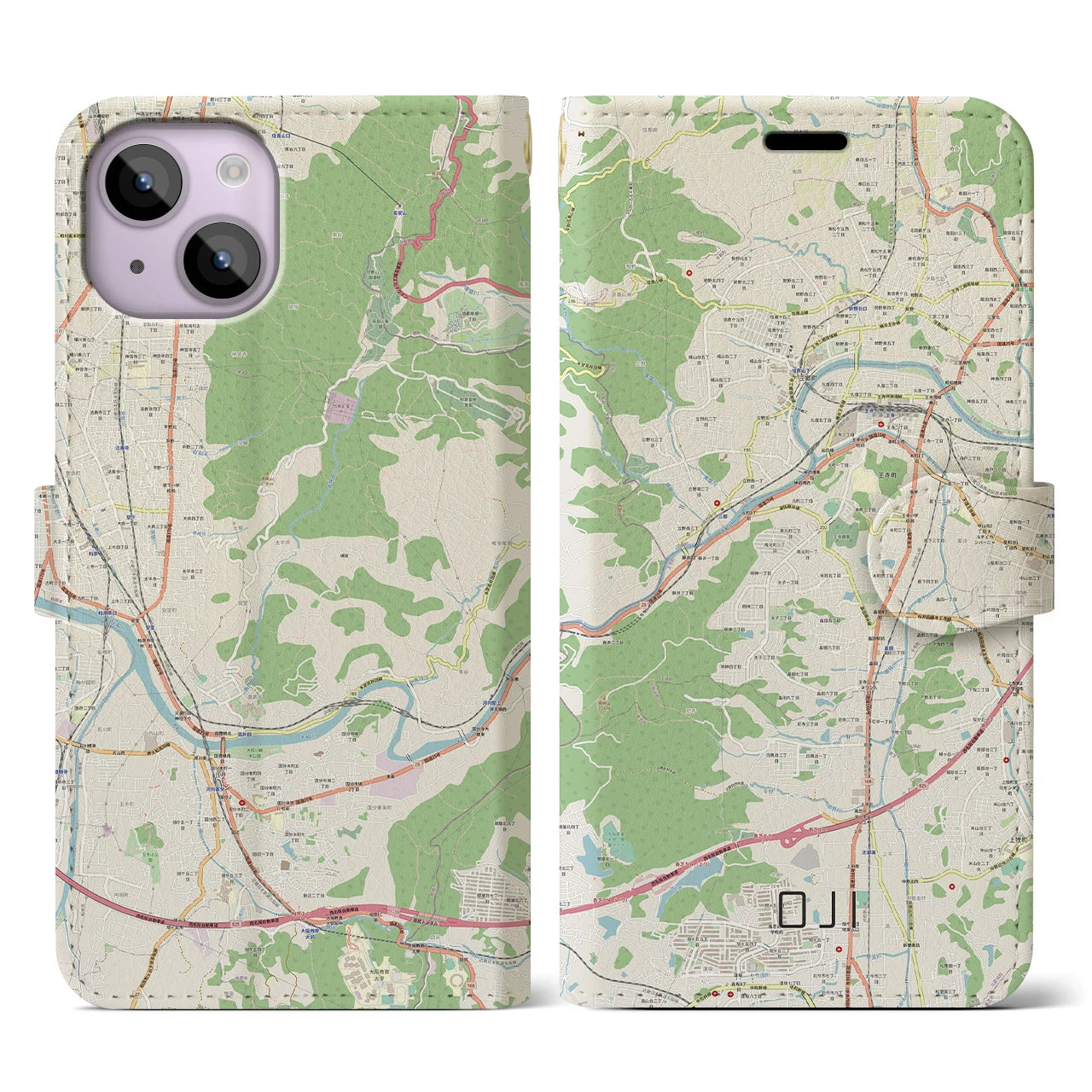 【王寺】地図柄iPhoneケース（手帳両面タイプ・ナチュラル）iPhone 14 用