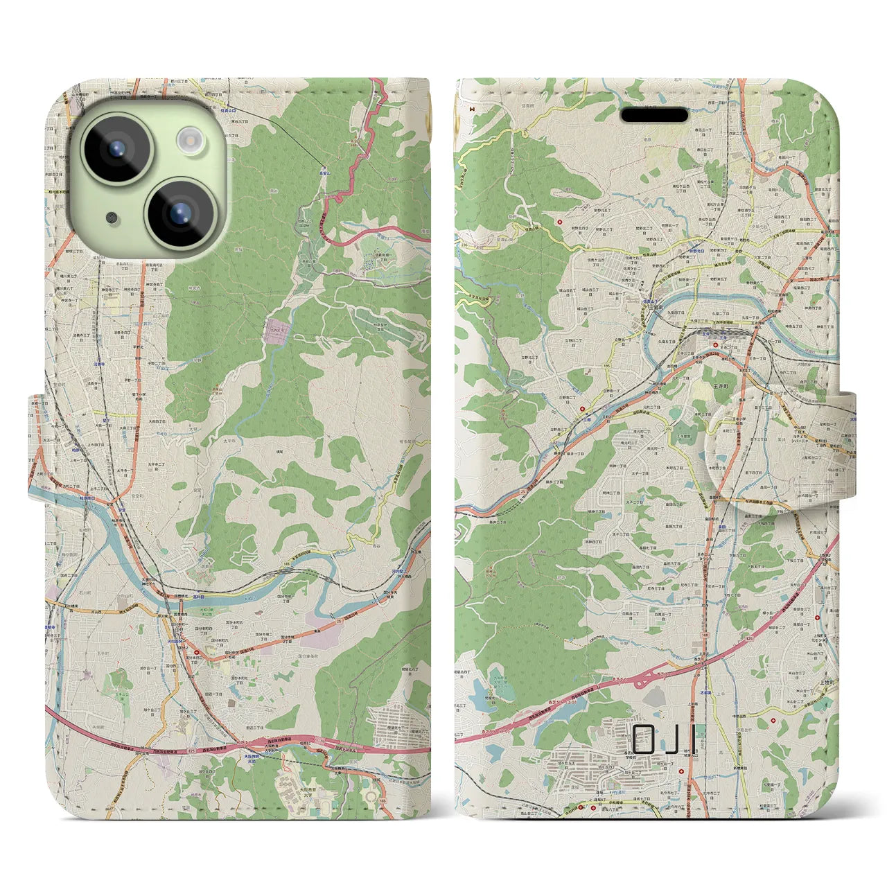 【王寺】地図柄iPhoneケース（手帳両面タイプ・ナチュラル）iPhone 15 用