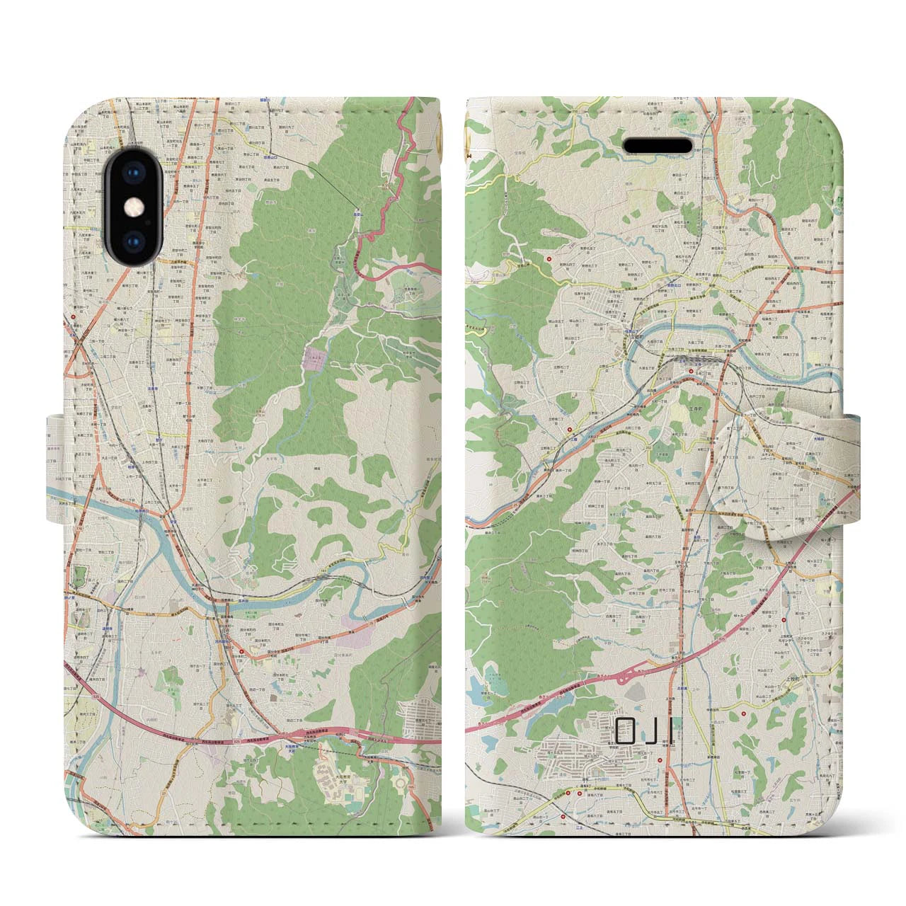 【王寺】地図柄iPhoneケース（手帳両面タイプ・ナチュラル）iPhone XS / X 用
