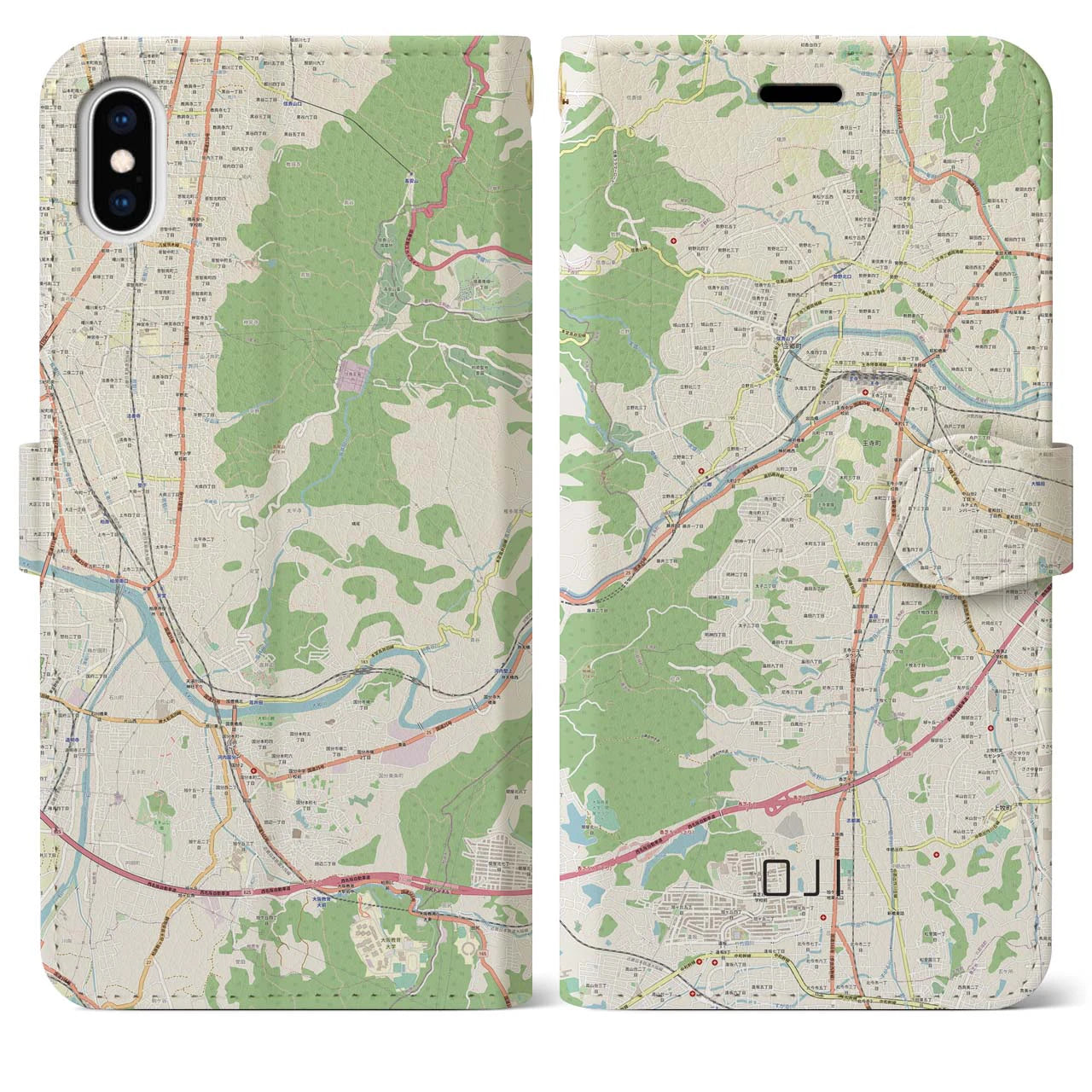 【王寺】地図柄iPhoneケース（手帳両面タイプ・ナチュラル）iPhone XS Max 用