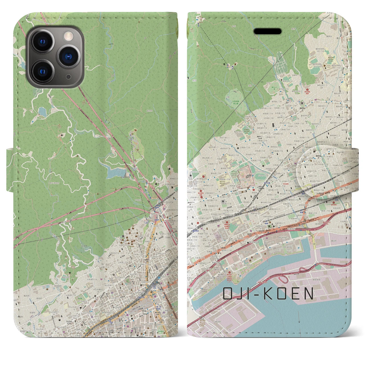 【王子公園】地図柄iPhoneケース（手帳両面タイプ・ナチュラル）iPhone 11 Pro Max 用