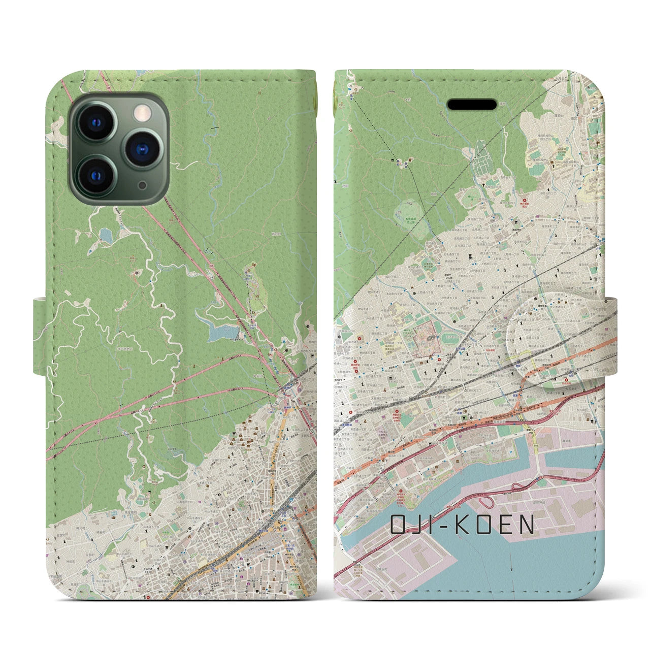 【王子公園】地図柄iPhoneケース（手帳両面タイプ・ナチュラル）iPhone 11 Pro 用