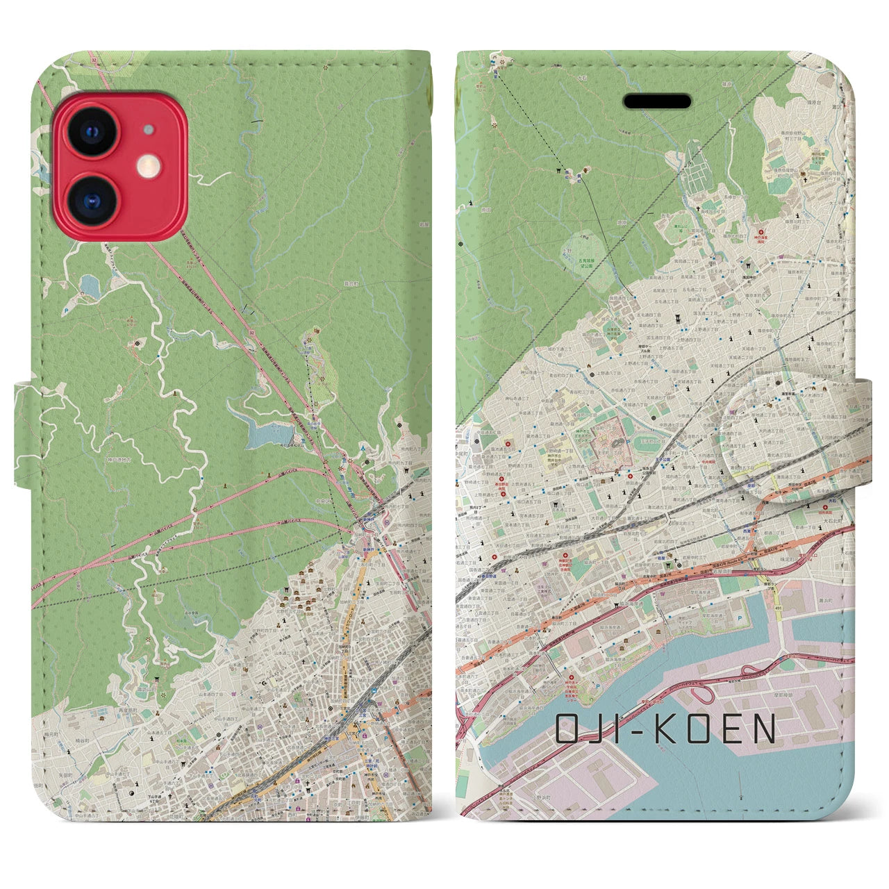 【王子公園】地図柄iPhoneケース（手帳両面タイプ・ナチュラル）iPhone 11 用