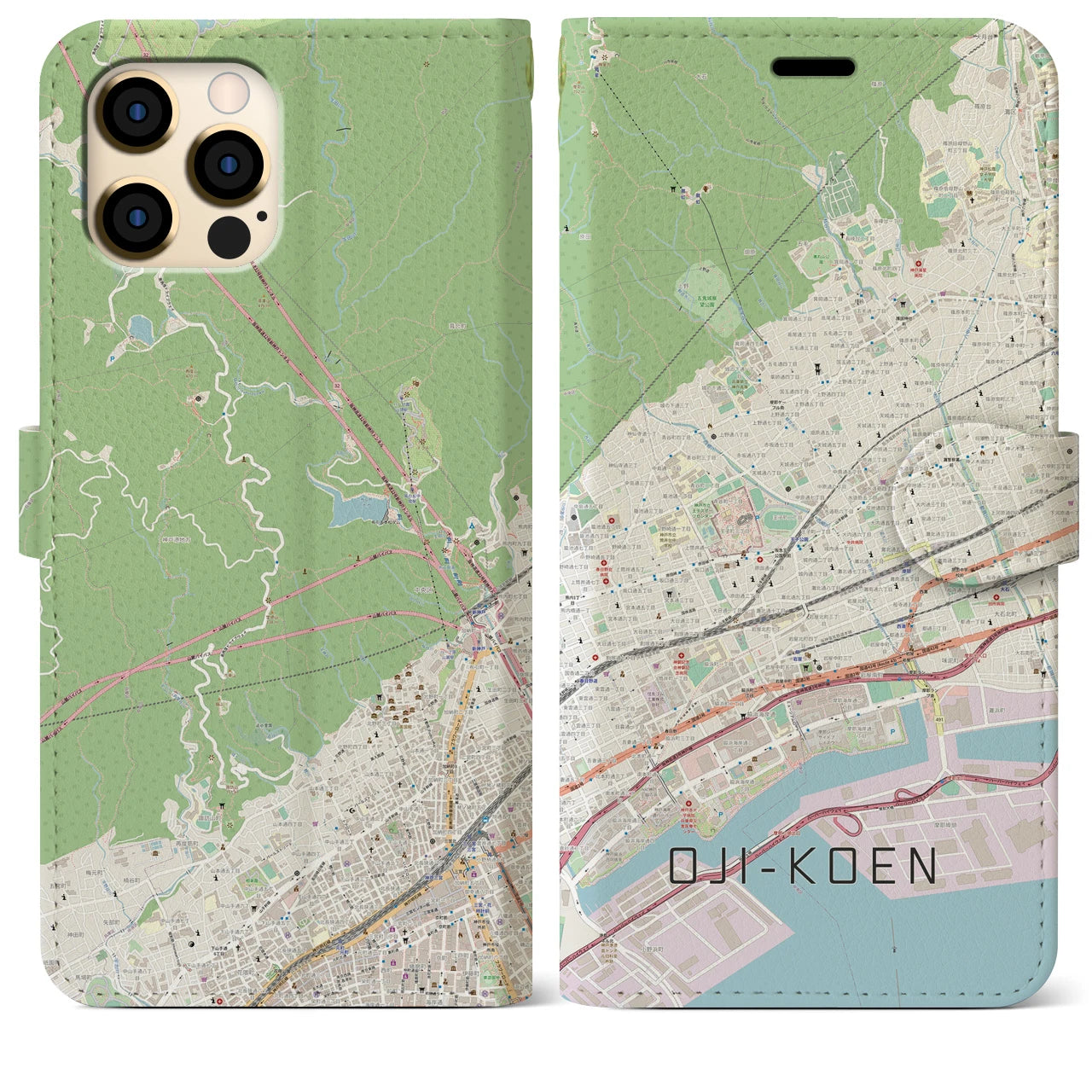 【王子公園】地図柄iPhoneケース（手帳両面タイプ・ナチュラル）iPhone 12 Pro Max 用