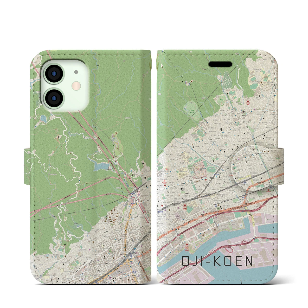 【王子公園】地図柄iPhoneケース（手帳両面タイプ・ナチュラル）iPhone 12 mini 用