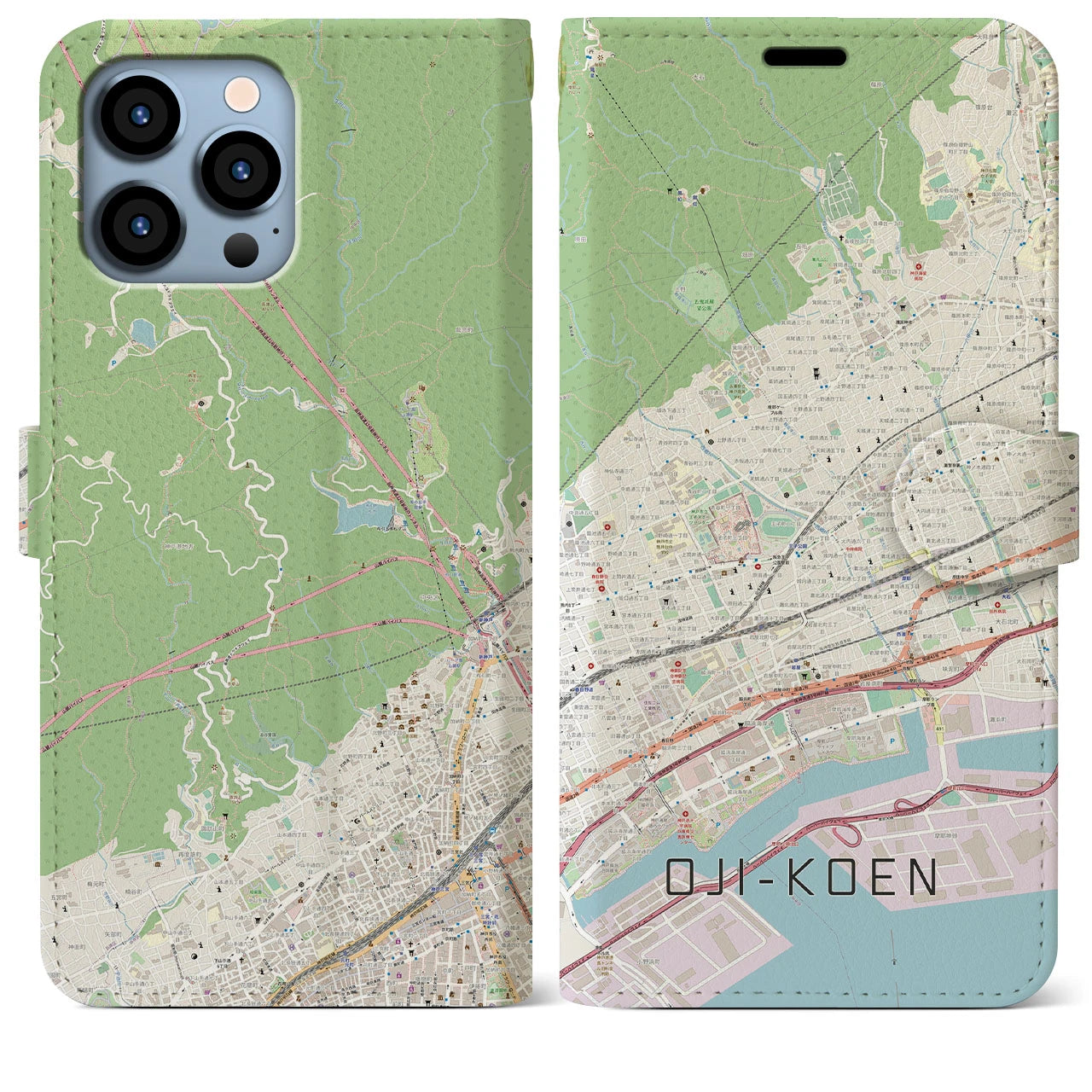 【王子公園】地図柄iPhoneケース（手帳両面タイプ・ナチュラル）iPhone 13 Pro Max 用