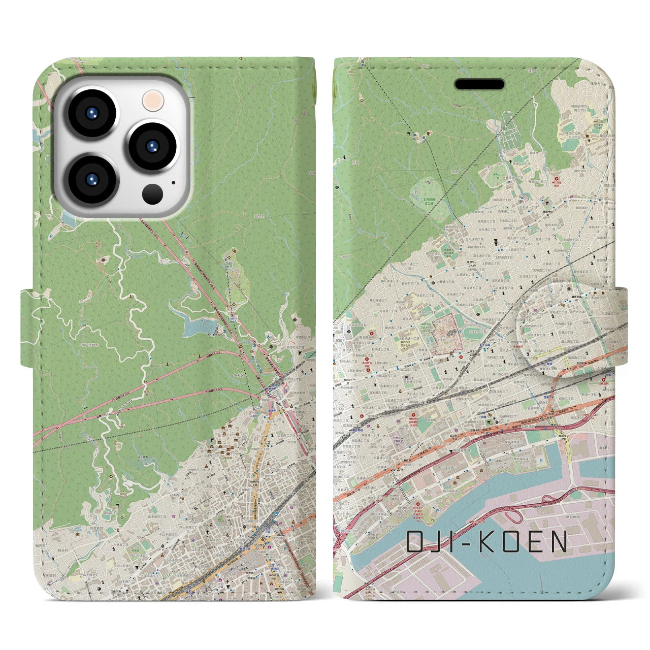 【王子公園】地図柄iPhoneケース（手帳両面タイプ・ナチュラル）iPhone 13 Pro 用