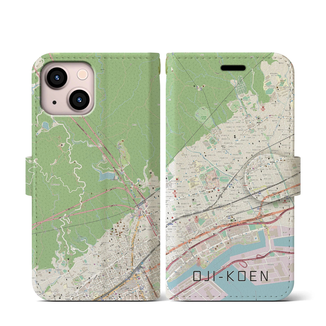 【王子公園】地図柄iPhoneケース（手帳両面タイプ・ナチュラル）iPhone 13 mini 用