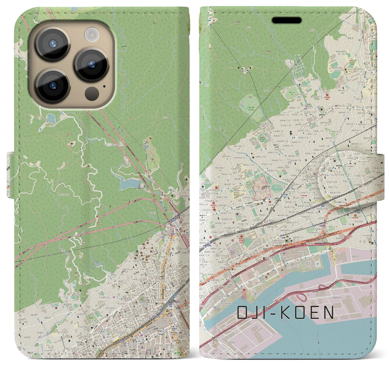 【王子公園】地図柄iPhoneケース（手帳両面タイプ・ナチュラル）iPhone 14 Pro Max 用