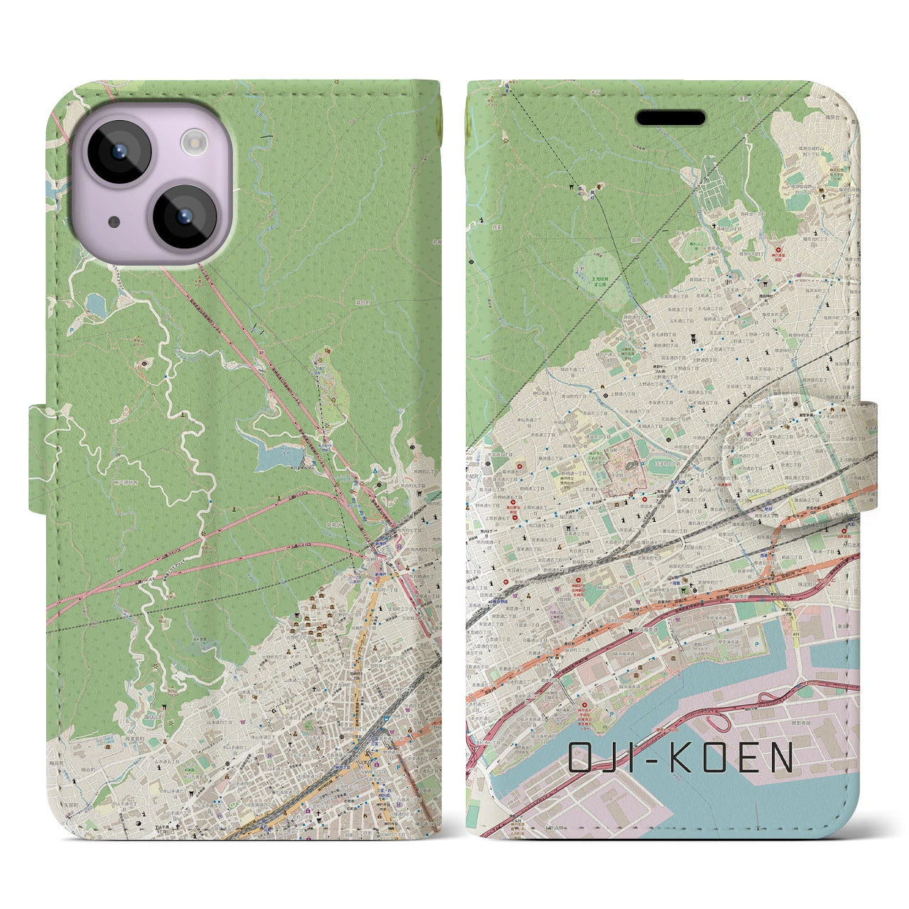 【王子公園】地図柄iPhoneケース（手帳両面タイプ・ナチュラル）iPhone 14 用