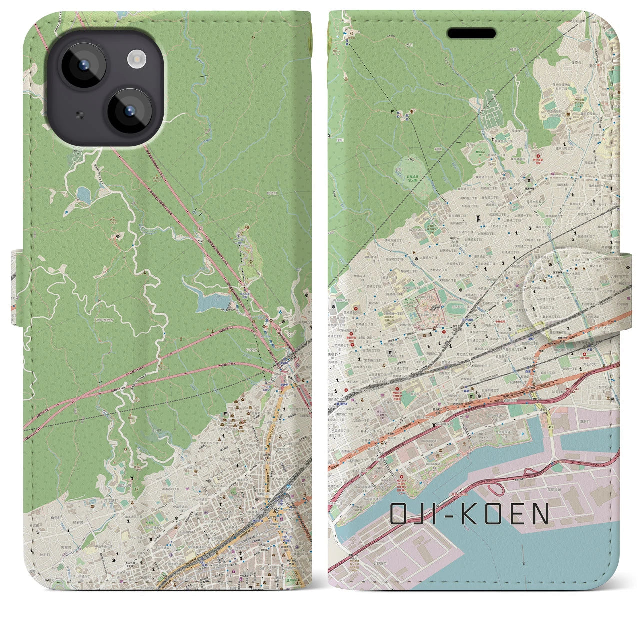 【王子公園】地図柄iPhoneケース（手帳両面タイプ・ナチュラル）iPhone 14 Plus 用