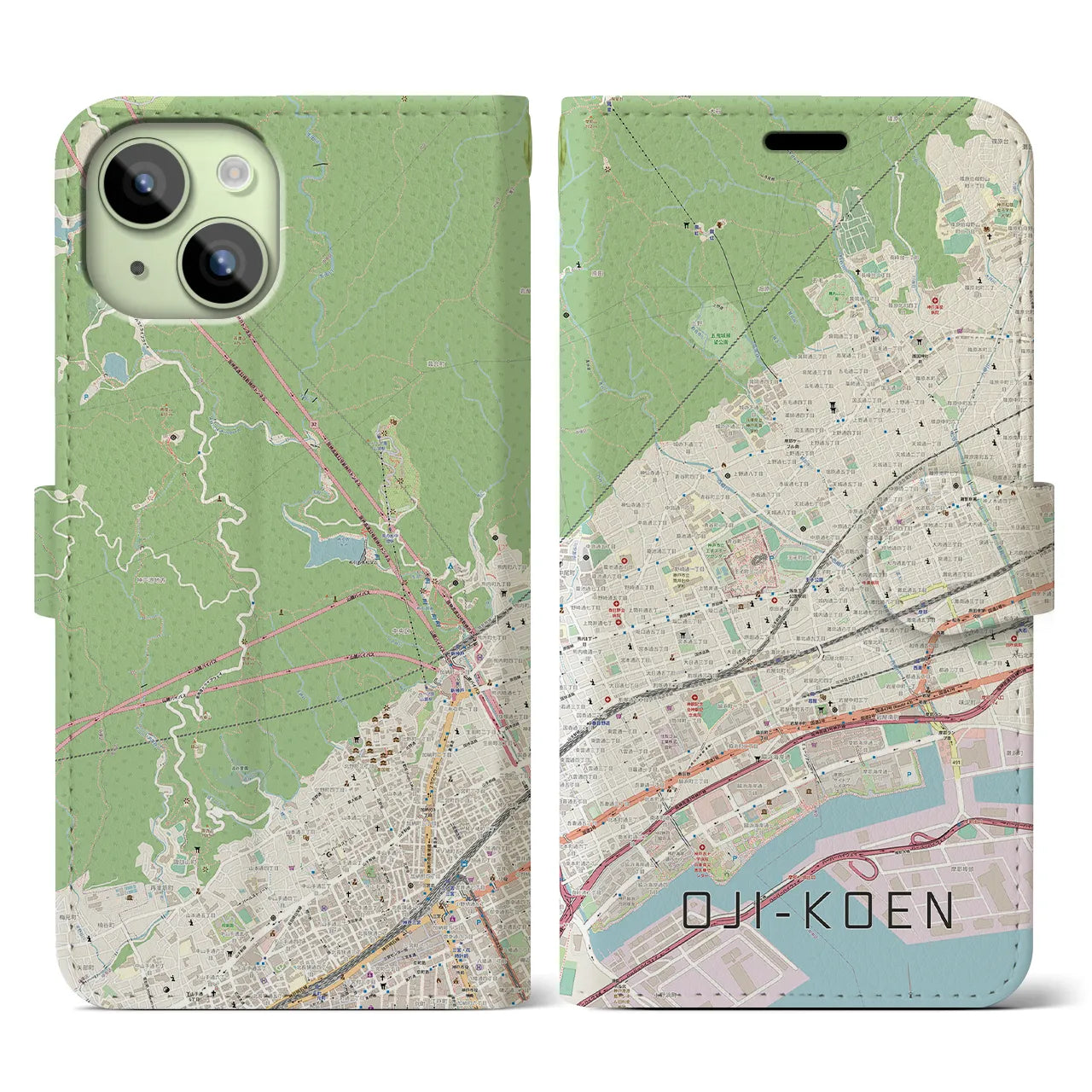 【王子公園】地図柄iPhoneケース（手帳両面タイプ・ナチュラル）iPhone 15 用