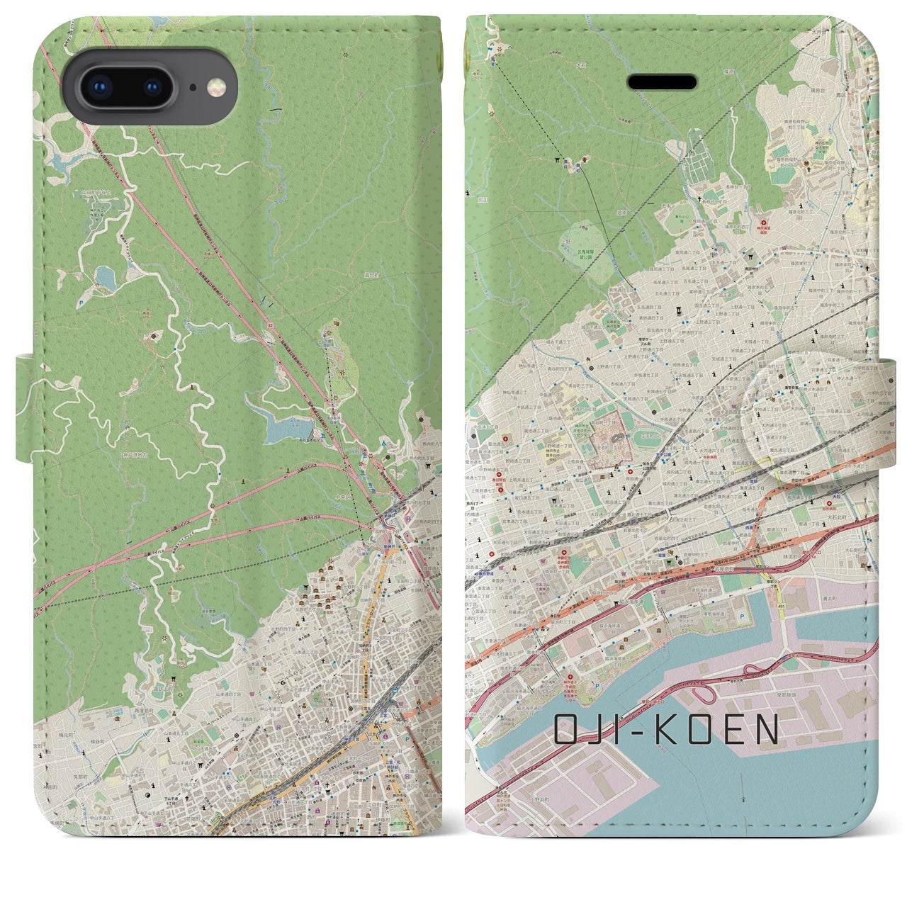 【王子公園】地図柄iPhoneケース（手帳両面タイプ・ナチュラル）iPhone 8Plus /7Plus / 6sPlus / 6Plus 用
