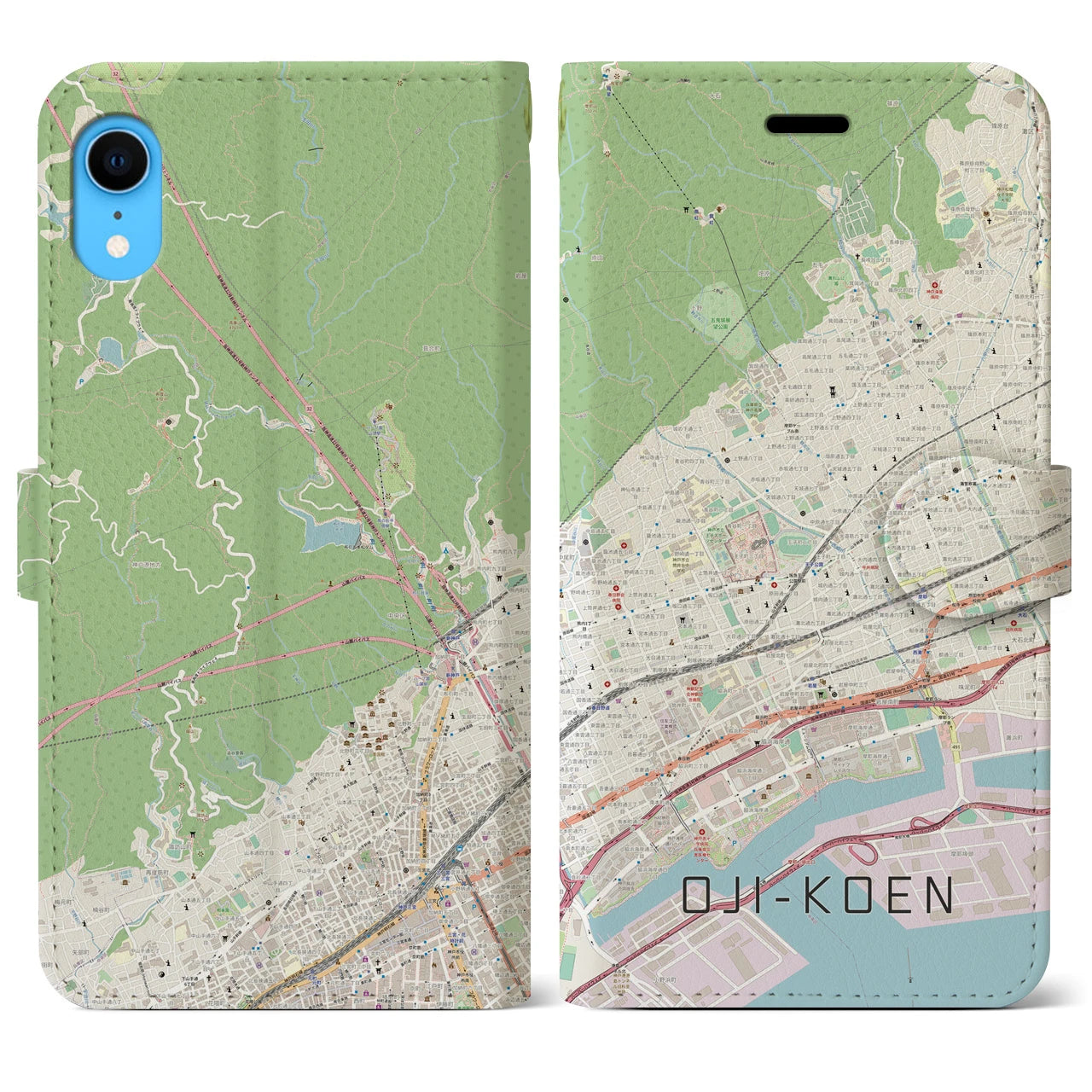 【王子公園】地図柄iPhoneケース（手帳両面タイプ・ナチュラル）iPhone XR 用