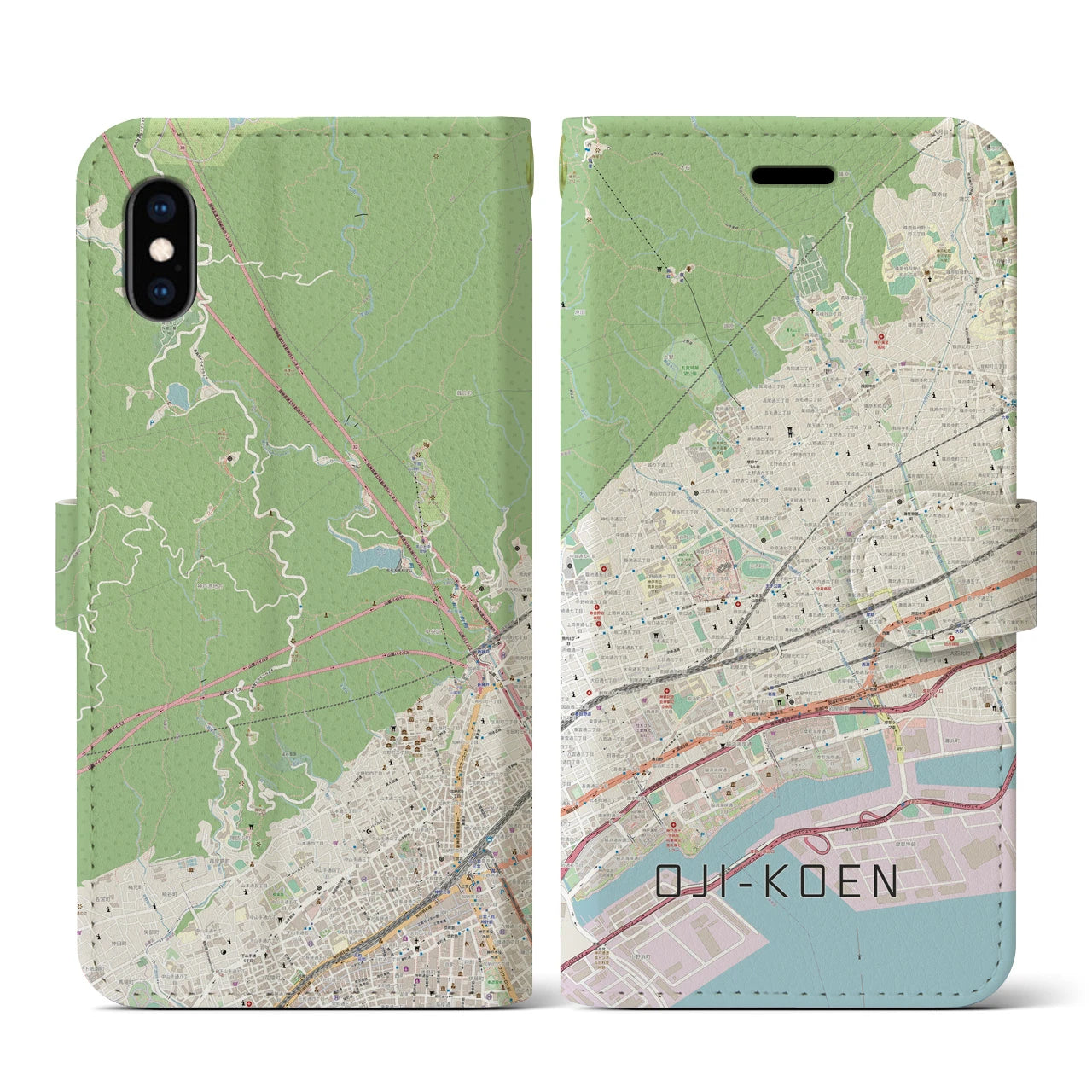 【王子公園】地図柄iPhoneケース（手帳両面タイプ・ナチュラル）iPhone XS / X 用