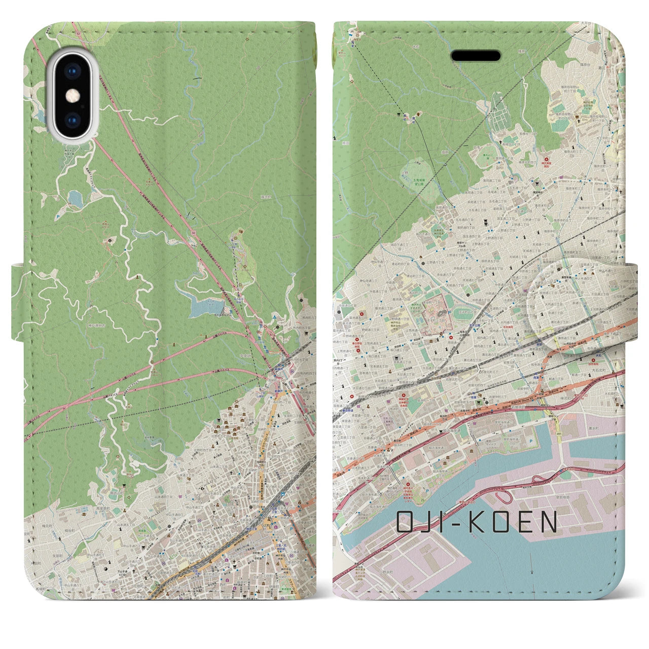 【王子公園】地図柄iPhoneケース（手帳両面タイプ・ナチュラル）iPhone XS Max 用