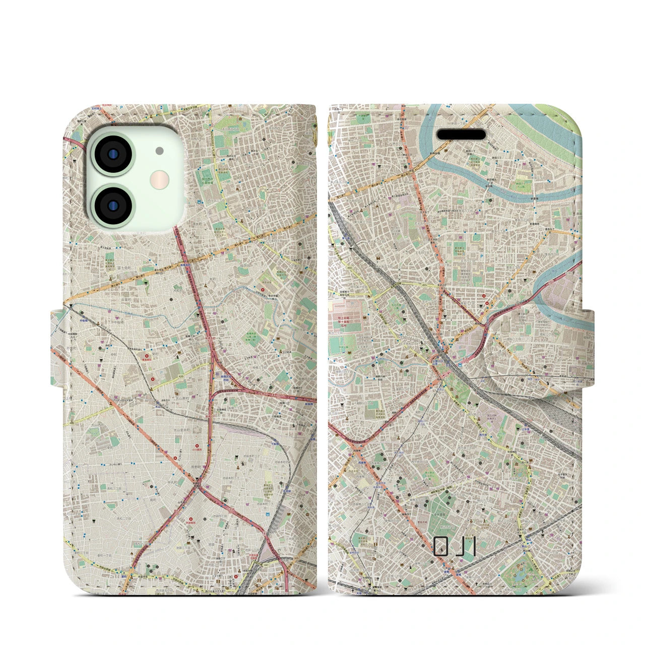 【王子】地図柄iPhoneケース（手帳両面タイプ・ナチュラル）iPhone 12 mini 用