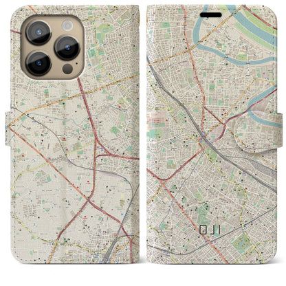 【王子（東京都）】地図柄iPhoneケース（手帳タイプ）ナチュラル・iPhone 14 Pro Max 用