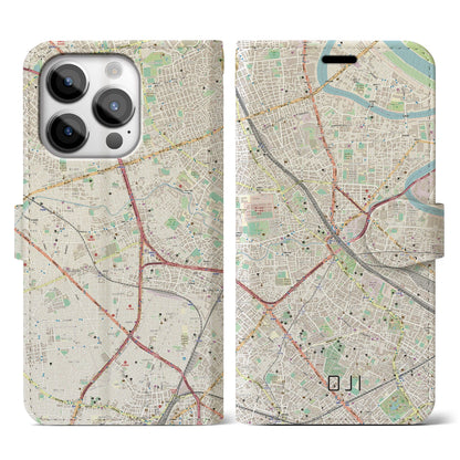 【王子（東京都）】地図柄iPhoneケース（手帳タイプ）ナチュラル・iPhone 14 Pro 用