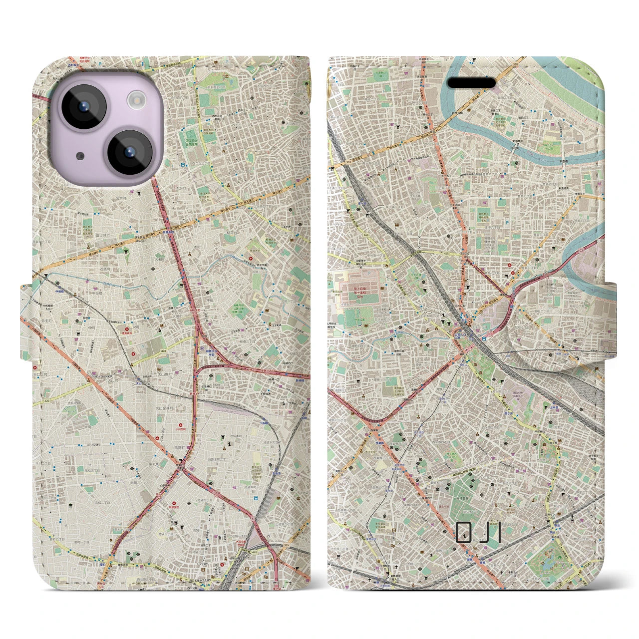 【王子】地図柄iPhoneケース（手帳両面タイプ・ナチュラル）iPhone 14 用