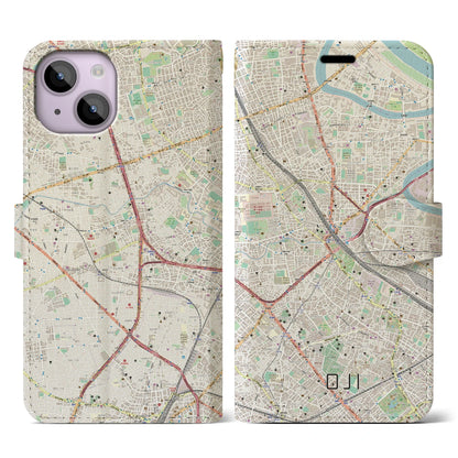 【王子（東京都）】地図柄iPhoneケース（手帳タイプ）ナチュラル・iPhone 14 用