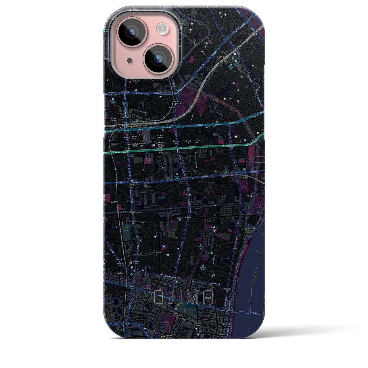 【大島】地図柄iPhoneケース（バックカバータイプ・ブラック）iPhone 15 Plus 用