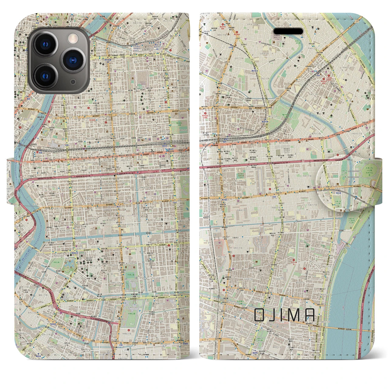 【大島】地図柄iPhoneケース（手帳両面タイプ・ナチュラル）iPhone 11 Pro Max 用