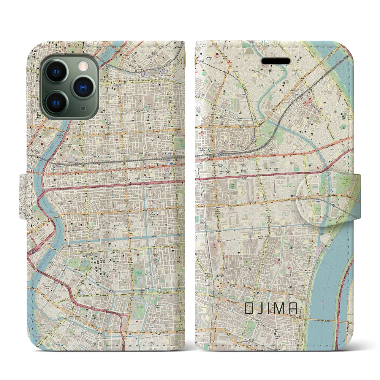 【大島】地図柄iPhoneケース（手帳両面タイプ・ナチュラル）iPhone 11 Pro 用