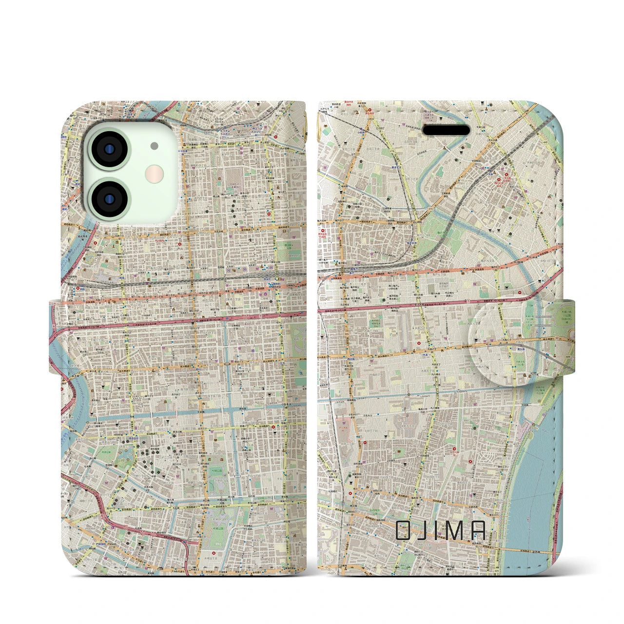 【大島】地図柄iPhoneケース（手帳両面タイプ・ナチュラル）iPhone 12 mini 用
