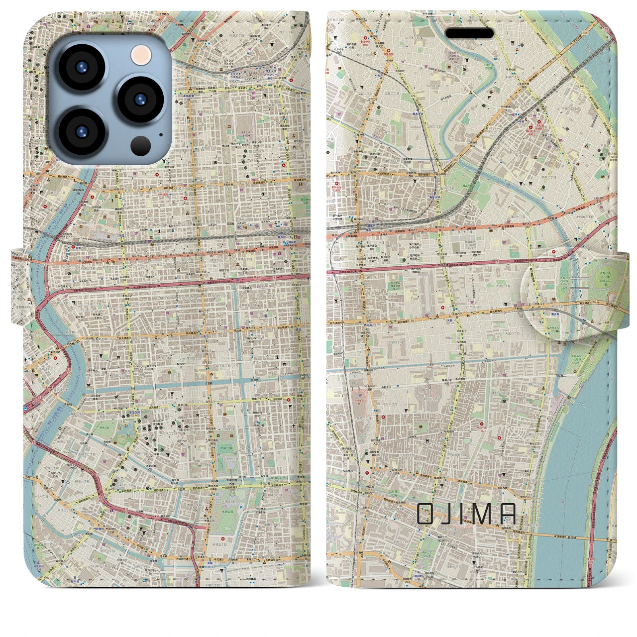 【大島】地図柄iPhoneケース（手帳両面タイプ・ナチュラル）iPhone 13 Pro Max 用