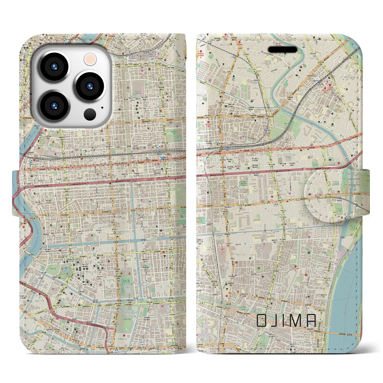 【大島】地図柄iPhoneケース（手帳両面タイプ・ナチュラル）iPhone 13 Pro 用