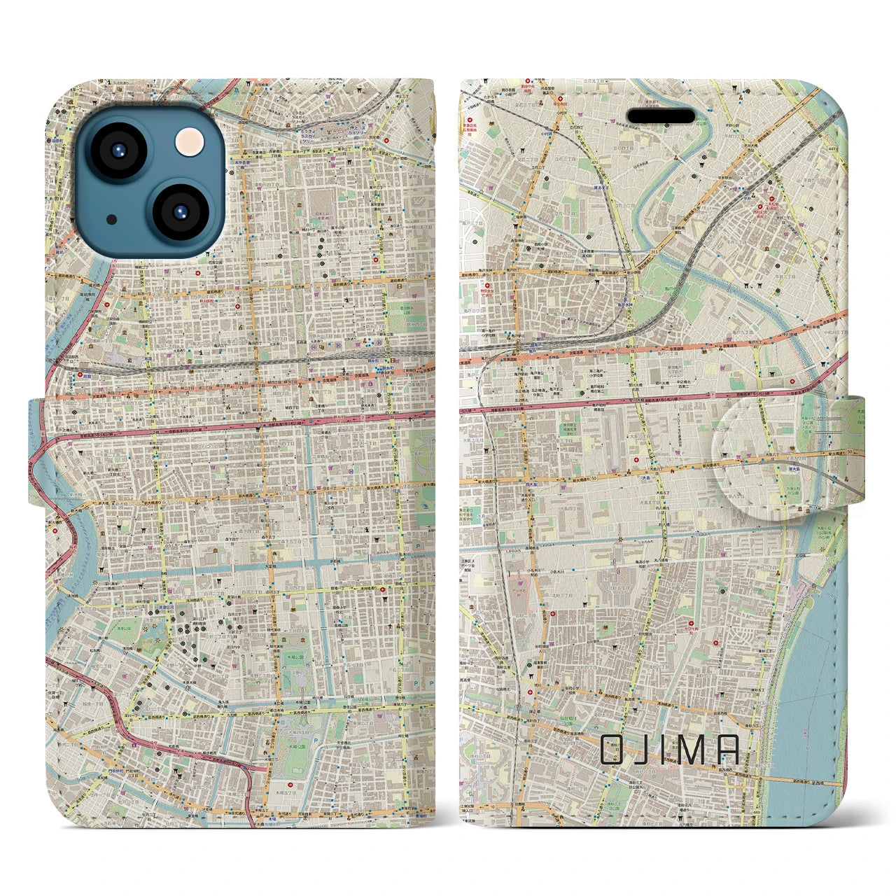 【大島】地図柄iPhoneケース（手帳両面タイプ・ナチュラル）iPhone 13 用