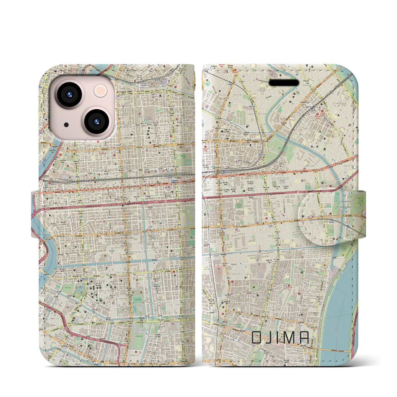 【大島】地図柄iPhoneケース（手帳両面タイプ・ナチュラル）iPhone 13 mini 用