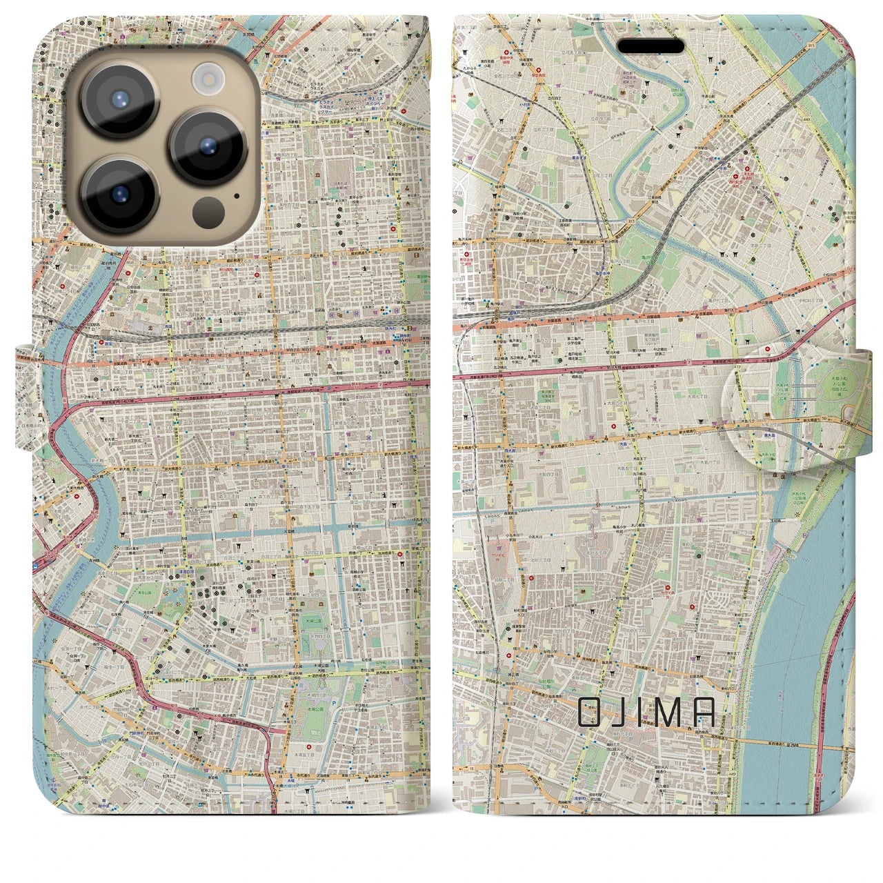 【大島】地図柄iPhoneケース（手帳両面タイプ・ナチュラル）iPhone 14 Pro Max 用
